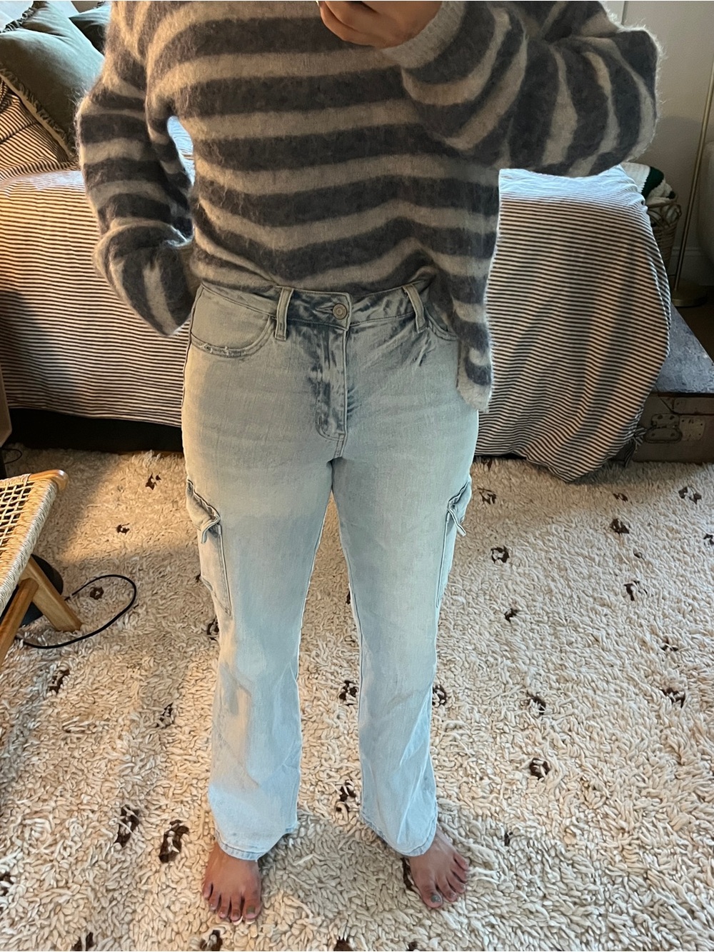 High-Rise Light Wash Cargo Jeans